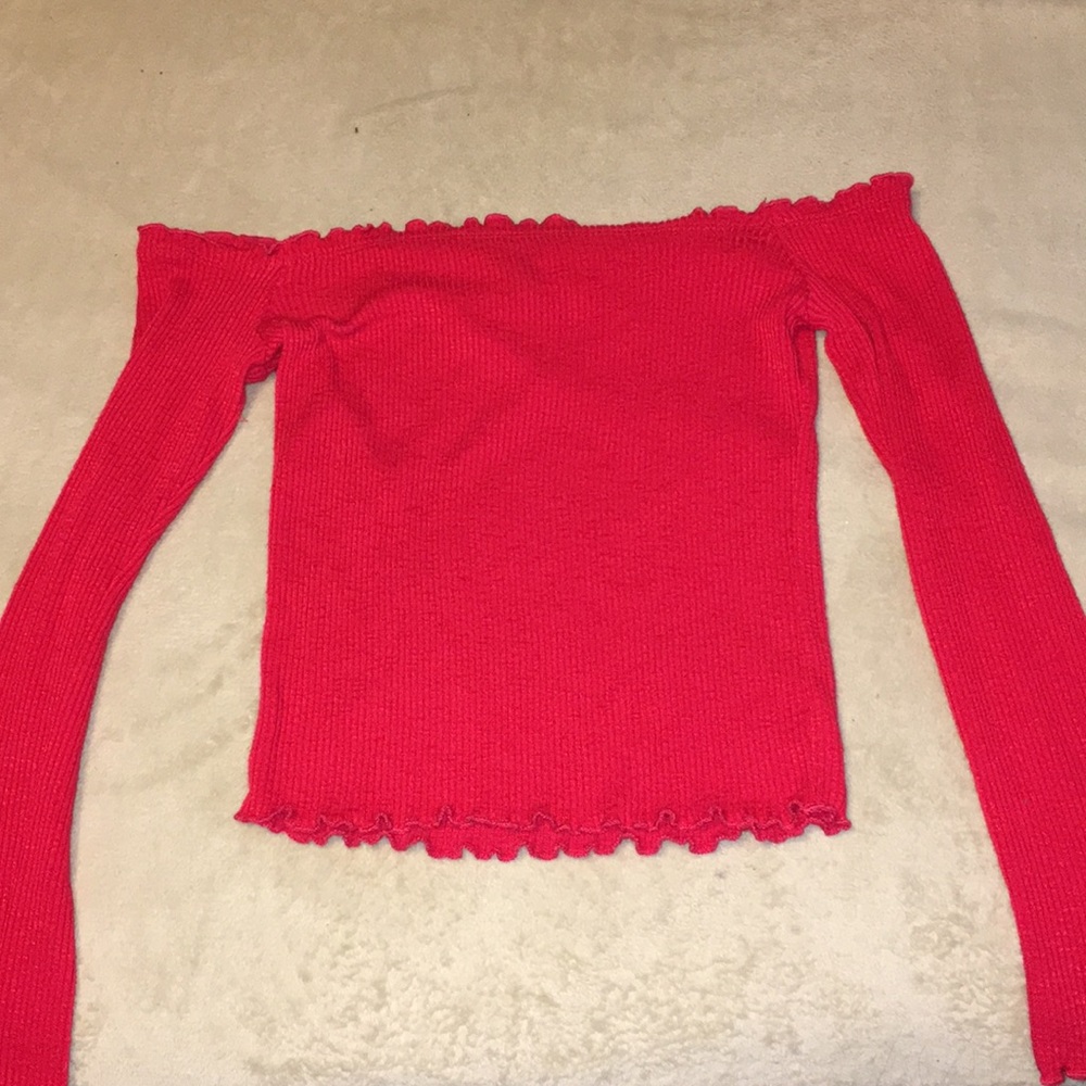 red ribbed off the shoulder top